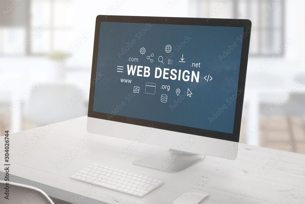 Poster Computer display with web design text and web page, app graphic elements. Web design studio clean work desk.