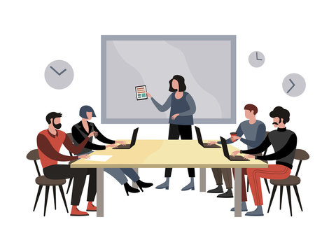 Briefing meeting in company raster illustration. Flat style