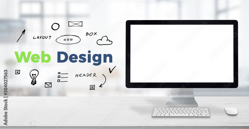 Poster Computer display mockup on work desk. Web design text surrounded with drawn elements. Planning concept, web design studio presentation.