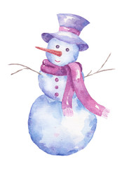 Watercolor snowman isolated on white background. 