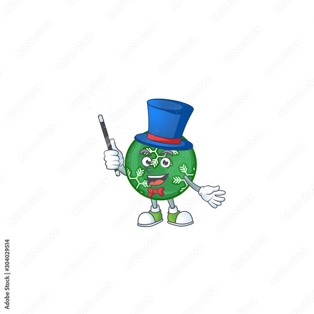 Wall mural Cartoon green christmas ball with mascot magician