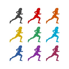 Woman running color icons set isolated on white background