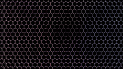 Abstract color gradient hexagonal pattern on black background; mosaic wire mesh wallpaper 3d rendering, 3d illustration