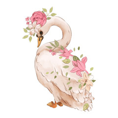 Beautiful hand drawn watercolor dreaming swan with rose flowers, floral bouquet © creationsofanna