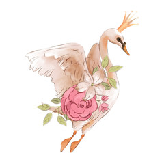 Beautiful hand drawn watercolor dreaming princess swan in crown with rose flowers, floral bouquet