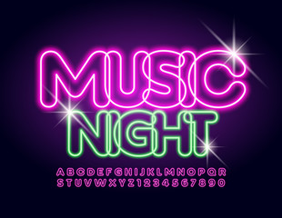 Vector colorful Emblem Music Night.  Illuminated stylish Font. Bright Alphabet Letters and Numbers.