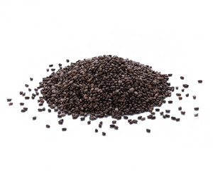 Macro depth of field Chia seeds in a wooden scoop isolated on white background