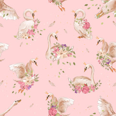 Beautiful seamless pattern with swan princesses in golden crown, flowers and falling feathers on pink background