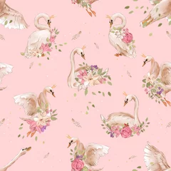 Behang Mooi naadloos patroon met zwaanprinsessen in gouden kroon, bloemen en vallende veren op roze achtergrond © creationsofanna