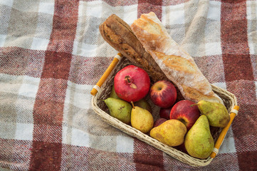 Close up, macro. A wicker basket with baguettes and fruit stands on a brown checkered bedspread....