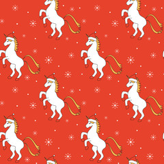 cute cartoon christmas seamless vector pattern background illustration with unicorn with santa hat and snowflakes