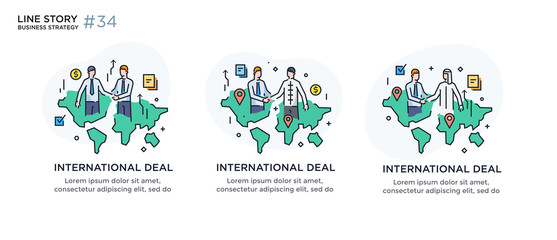 Set of illustrations concept with business concept. Workflow, growth, graphics. Business development, international cooperation. linear illustration Icons infographics. Landing page site print poster