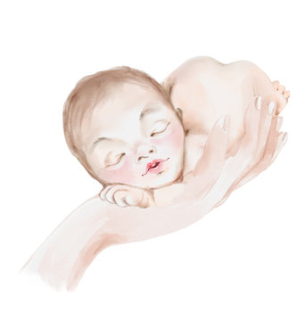 Cute watercolor newborn baby girl or boy dreaming on mothers hand