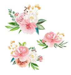 Beautiful rose and peony flowers, floral bouquets, compositions, arrangement, wreaths watercolor illustration isolated on white