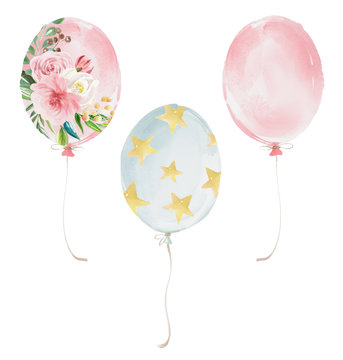 Cute balloons set - pink, pink with flowers and blue with stars