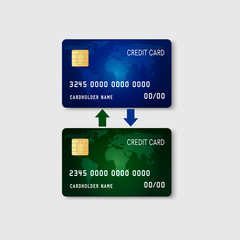 Two plastic credits cards with two arrows. Banking credit card money transfer concept. Vector illustration.