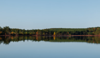 Obraz premium Autumn forest reflecting in a lake during a clear day. 