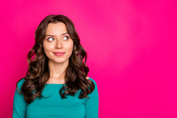 Photo of wavy white cheerful cute nice attractive girl looking pensively into empty space with...