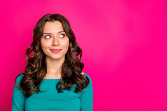 Photo of wavy white cheerful cute nice attractive girl looking pensively into empty space with bewildered facial expression isolated vivid fuchsia color background