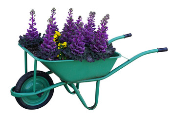 Green garden cart overflowing full with flowers