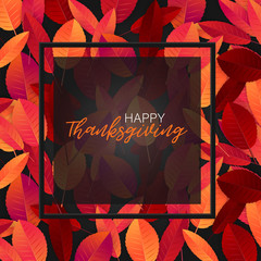 Thanksgiving flyer or poster. Fall traditional american holiday. Background with maple and oak red and orange leaves. Black border frame. Vector illustration.