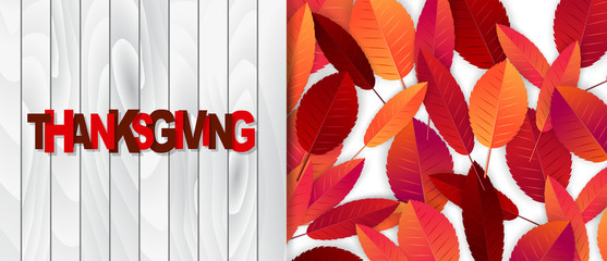 Thanksgiving website header or newsletter advertisement banner. Fall leaves on wooden rustic background. Traditional american holiday design concept. Vector illustration.