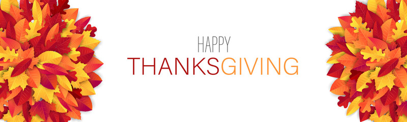 Thanksgiving website header or newsletter advertisement banner. Fall leaves on white background. Traditional american holiday design concept. Vector illustration.