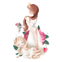 Schönes Prinzessinnenmädchen in der Krone mit dem langen Haar, das Einhorn, Vogel und Blumen träumt, Blumenstrauß