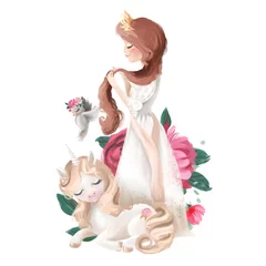 Afwasbaar Fotobehang Meisjeskamer Mooi prinsesmeisje in kroon met lang haar die eenhoorn, vogel en bloemen, bloemenboeket dromen