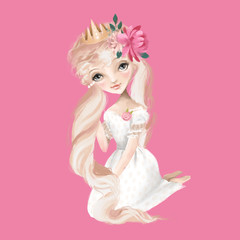 Beautiful princess girl in crown with long hair and flowers, floral bouquet © creationsofanna