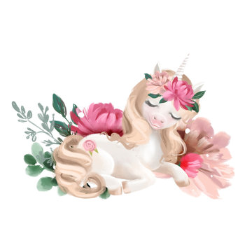 Cute unicorn, magic pony with flowers, floral wreath