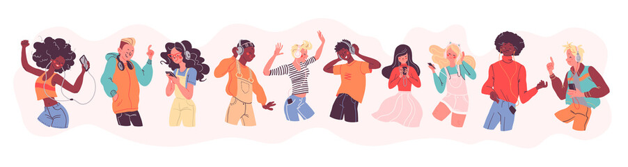 Young stylish people listening to music in headphones and earphones isolated. Multiethnic group. Boys and girls smiling, dancing, jumping, walking. Flat cartoon style. Vector illustration.