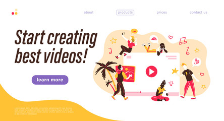 Fototapeta premium Landing page design template. Creative team generating video content. Making best videos concept. Bloggers, copywriters, designers, photographers, freelancers working. Vector flat illustration.