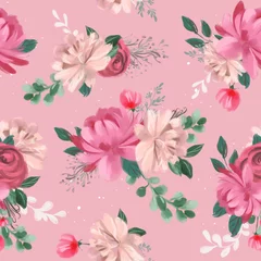 Behang Mooie bloemen naadloze, betegelbare, aquarel patroon rozen en pioenrozen op roze achtergrond © creationsofanna
