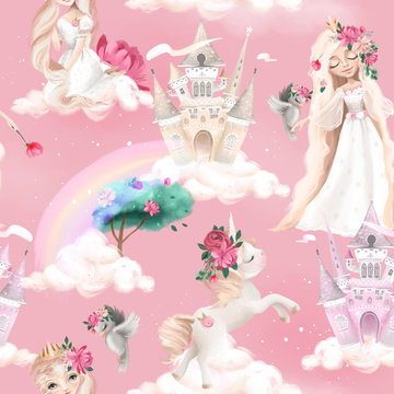 Cute girl, princess seamless, tileable pattern - princesses, unicorns, magic castle, birds and crowns on pink background