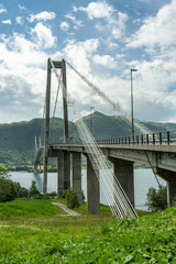 Suspension bridge crossing a fjord in the Norwegian archipelago
