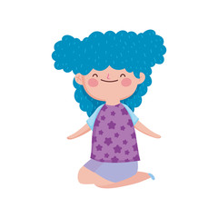 cute little girl blue hair on the knees cartoon