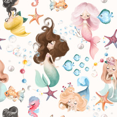 Obraz na płótnie Canvas Cute and beautiful seamless pattern - little mermaids, fishes and flowers watercolor illustration