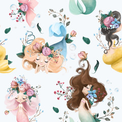 Cute and beautiful seamless pattern - little merdaids and flowers watercolor illustration - 304036781