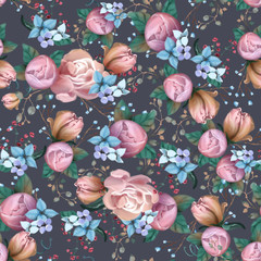 Fototapeta na wymiar Beautiful floral seamless, tileable, watercolor pattern roses and peonies