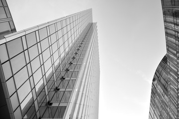 Fototapeta premium Modern office building wall made of steel and glass with blue sky. Black and white.
