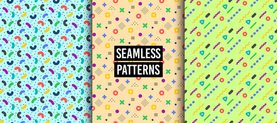 Geometric patterns - abstract seamless textures with colorful patterns. Geometric figures or shapes. Swatches with graphic elements. Hipster fashion Memphis style textures. Abstract decoration. Vector