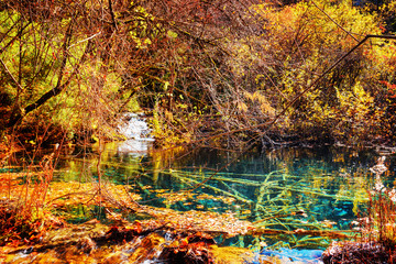 Natural pond with azure crystal water on one of waterfall levels