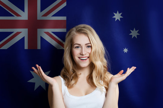 Travel and study in Australia concept with Surperised Pretty girl student with australian flag background