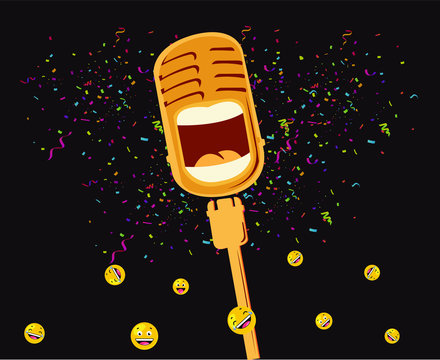 vector illustration of microphone mike laughing, funny speech, stand up comedy