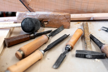 Assorted carpenters tools on a workbench
