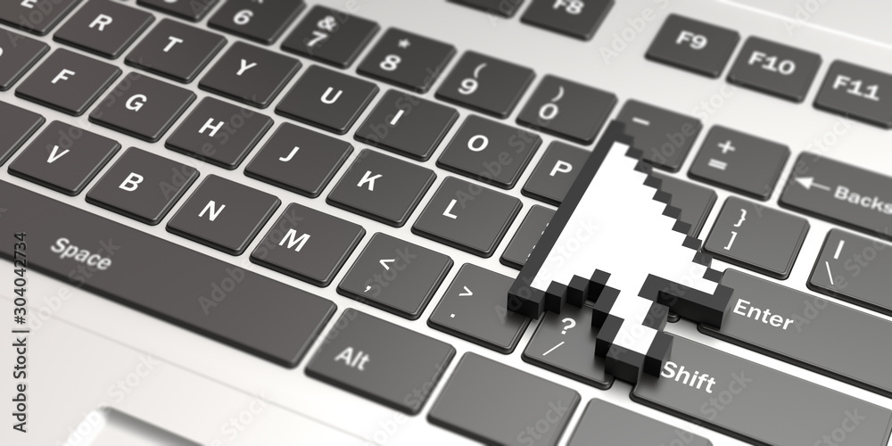 Poster mouse cursor pointer on a laptop keyboard background. 3d illustration