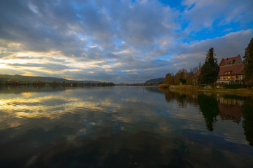 Fototapeta premium On Lake Constance in autumn. Near the castle Oberstaad. whose tower is about 800 years old. On the horizon begins at the Swiss town of Stein am Rhein, the Rhine River its way out of Lake Constance.