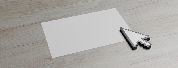 Mouse cursor pointer on a white paper against wood background. 3d illustration