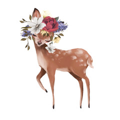 Cute hand drawn deer, fawn in floral wreath, flowers bouquet, woodland watercolor animal portrait - 304043177